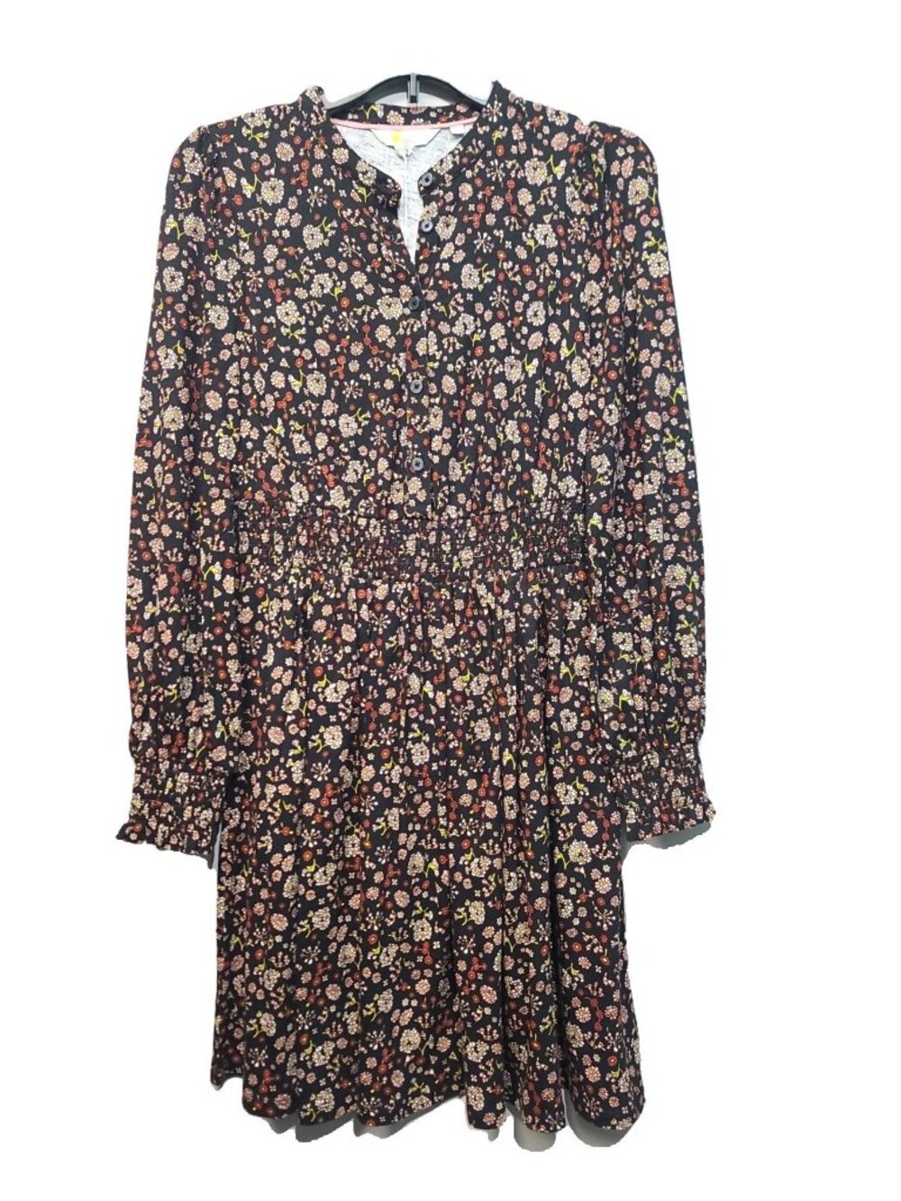 Boden Smocked Jersey Mini Dress Size 6 Black Floral NWT